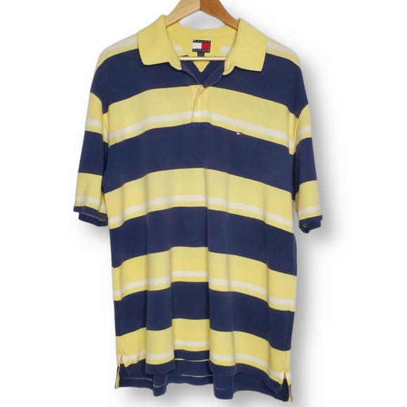 Tommy Hilfiger Striped Polo Shirt Navy Yellow XL - Picture 1 of 8